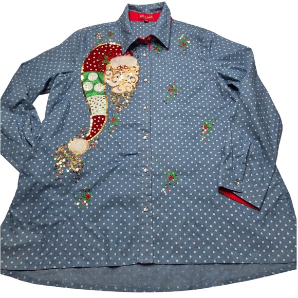 Jack B. Quick Holiday Tops - Jack B. Quick Holiday Santa Sequin Polka Dot Button Down Shirt Blue Women Large